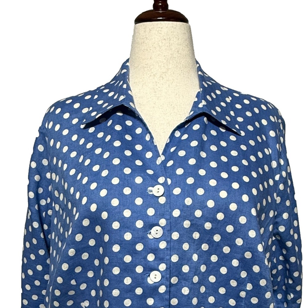 Vintage Talbots Top 18W Petite Blue White Polka Dot Linen Button Up Beachy